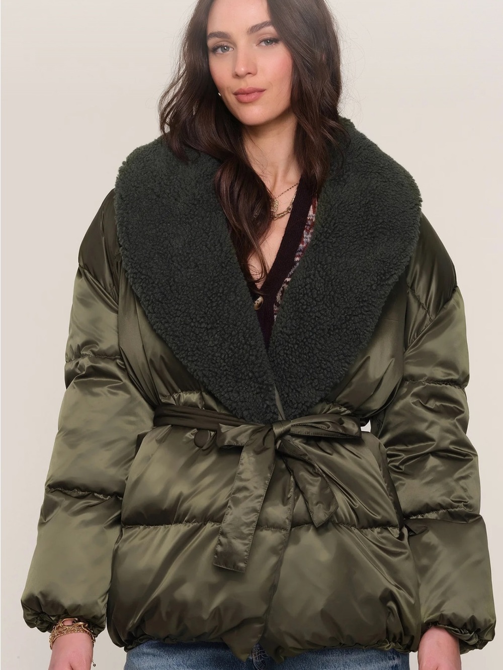 Heartloom Remi Olive Green Puffer Jacket with Sherpa Shawl Collar